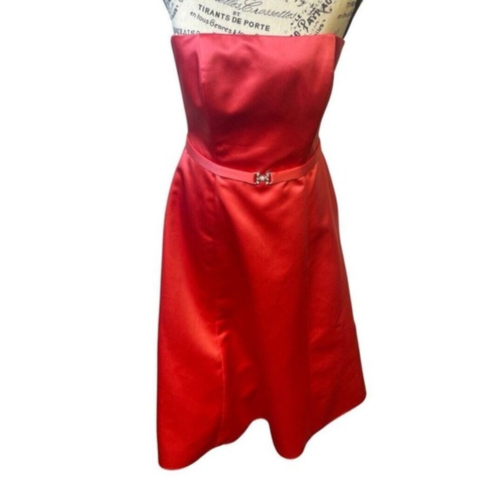 Michelangelo Women Strapless‎ Satin Cocktail Dress Coral Y2K Fit Flare Belt 2